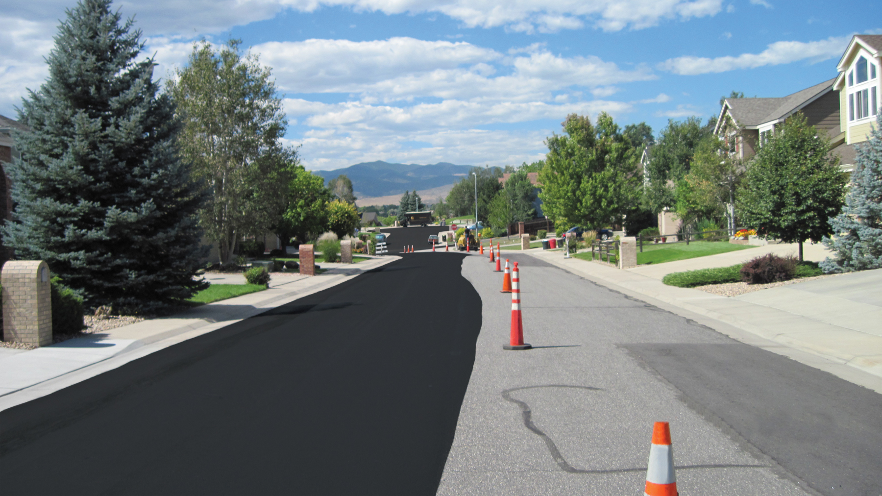 Before and after of SealMaster Liquid Road being used on a road in Denver, CO.