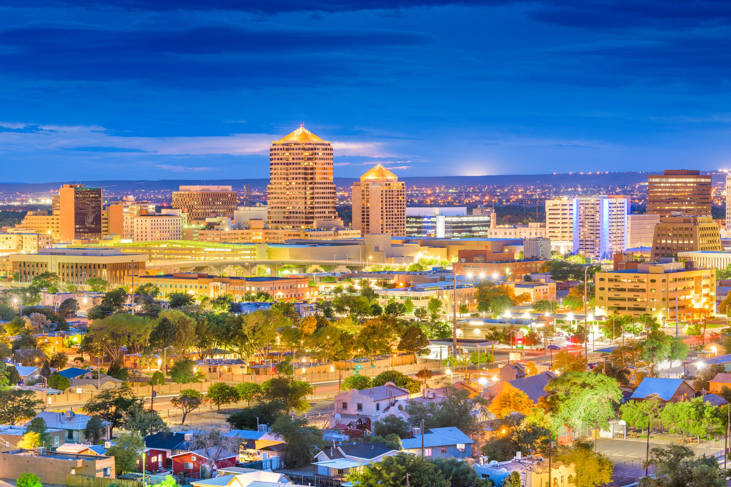 Albuquerque, New Mexico, USA downtown cityscape at twilight.