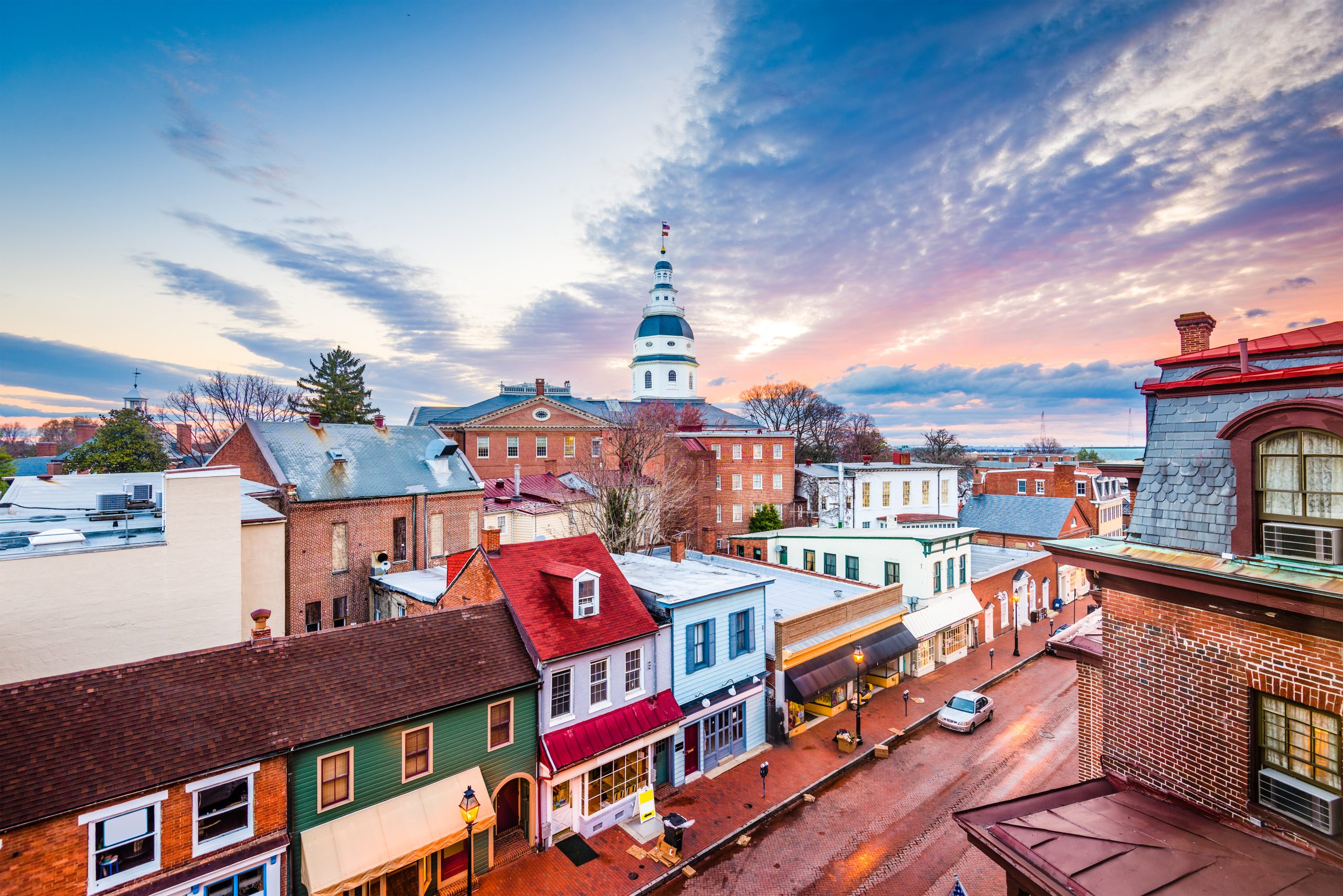 Local Sealcoating / SealMaster Annapolis, Maryland, USA downtown view over Main Street with the State House.