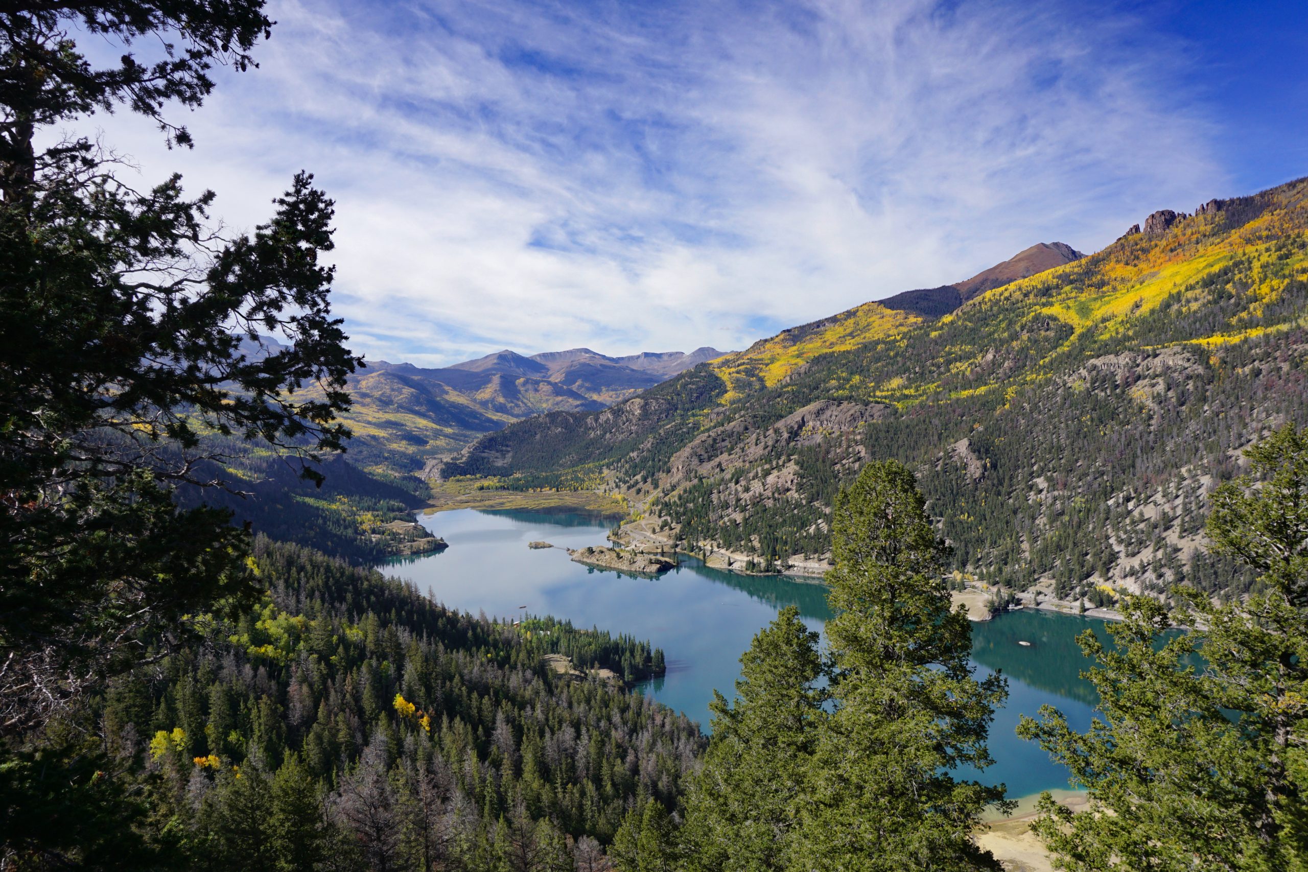 The Lake San Cristobal in the San Juan Mountains in Colorado surrounded by mountains