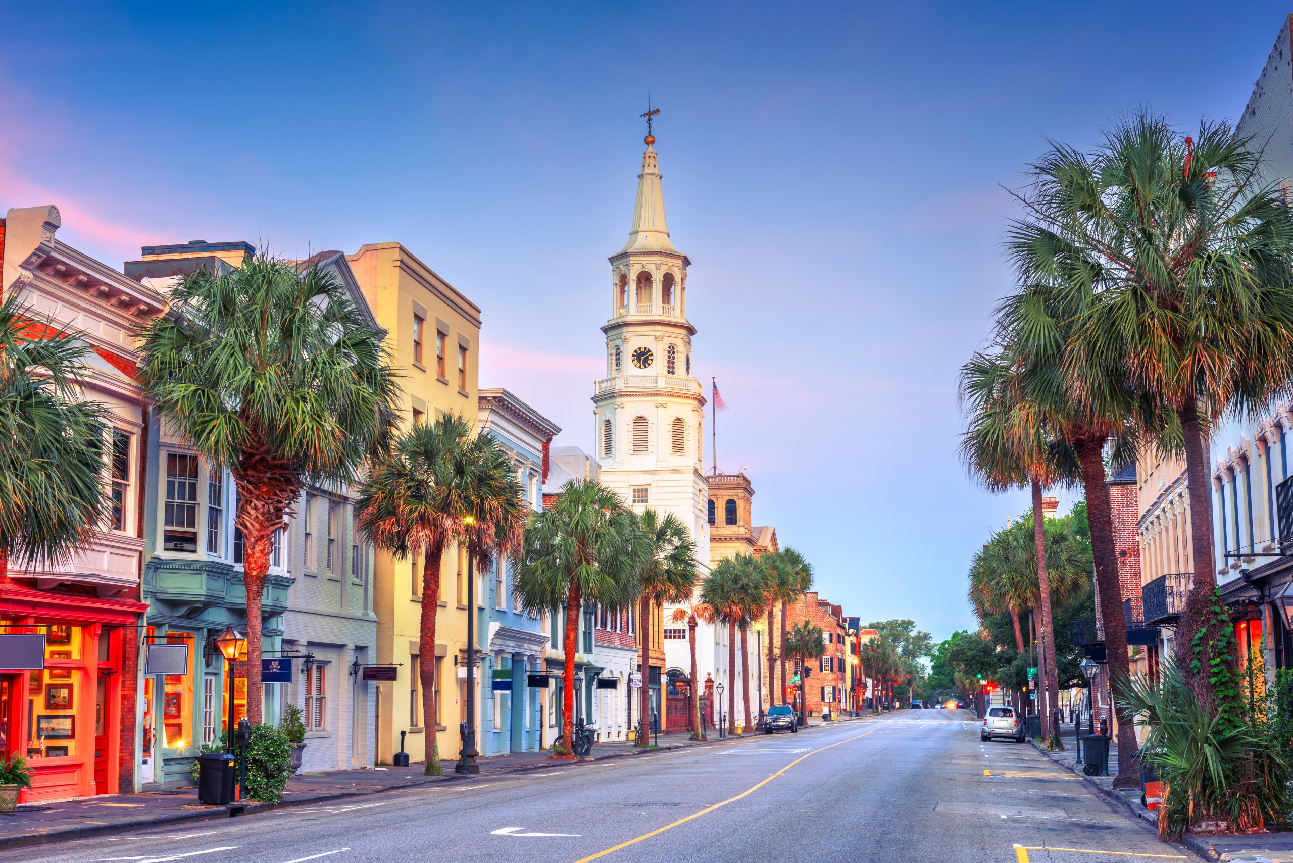 Charleston, South Carolina, USA cityscape in the historic district at twilight.