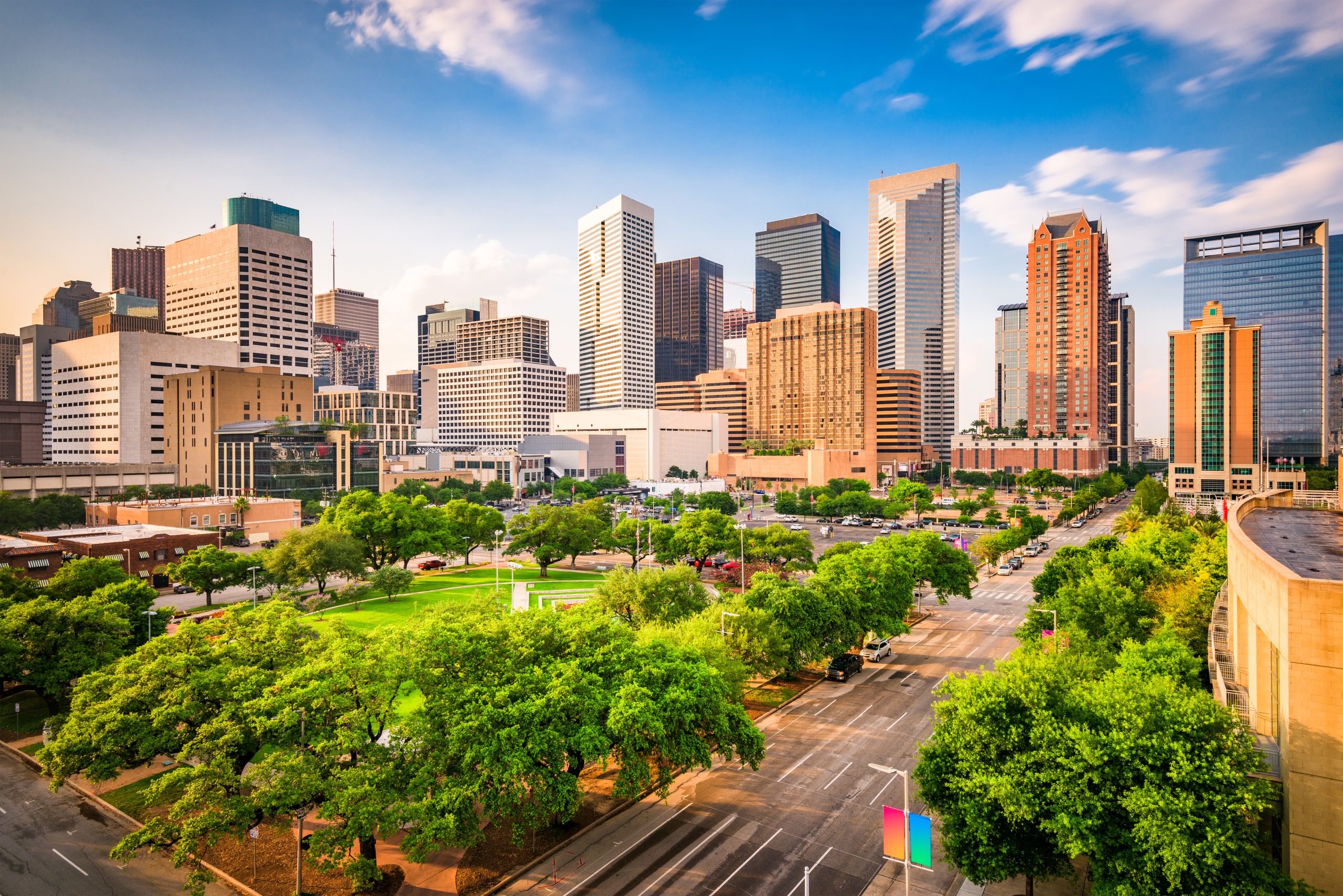 Houston, Texas, USA downtown city skyline over Root Square.