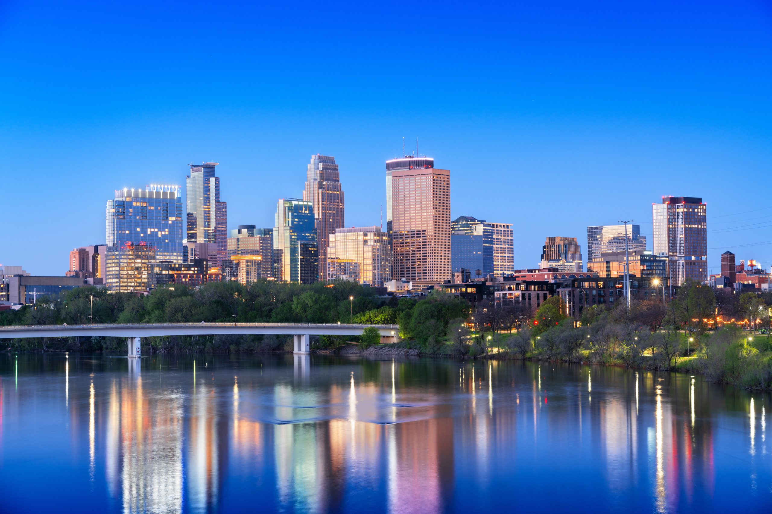 Minneapolis, Minnesota, USA on the Mississippi River at blue hour.