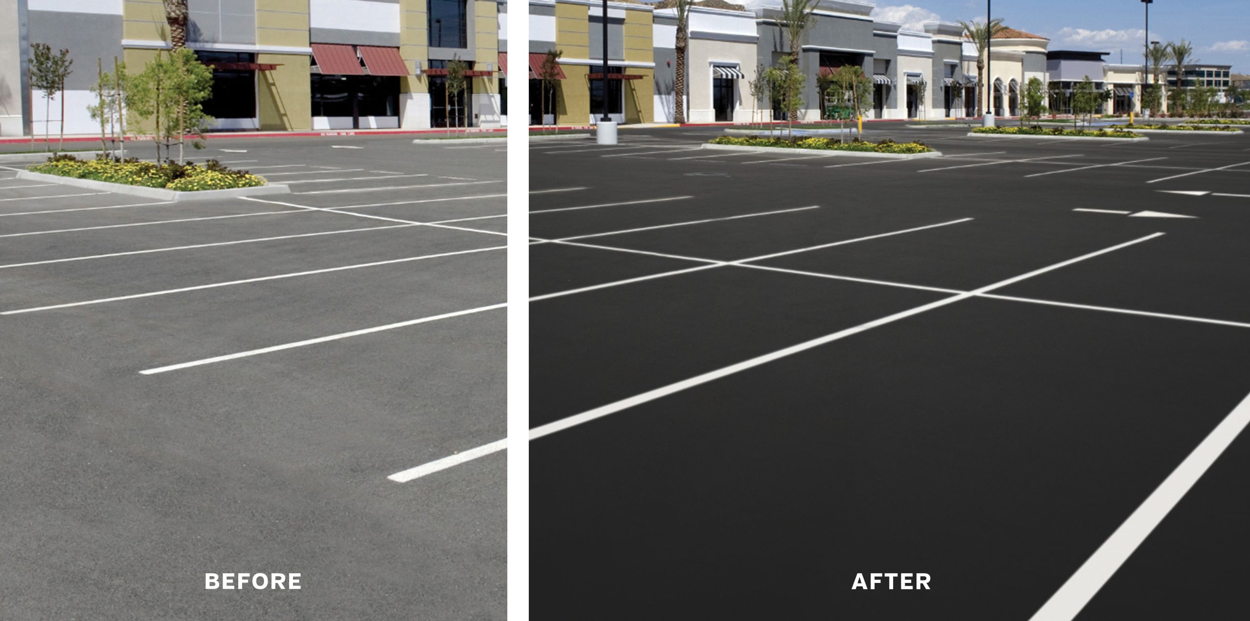 Property manager's new sealcoated parking lot before and after.