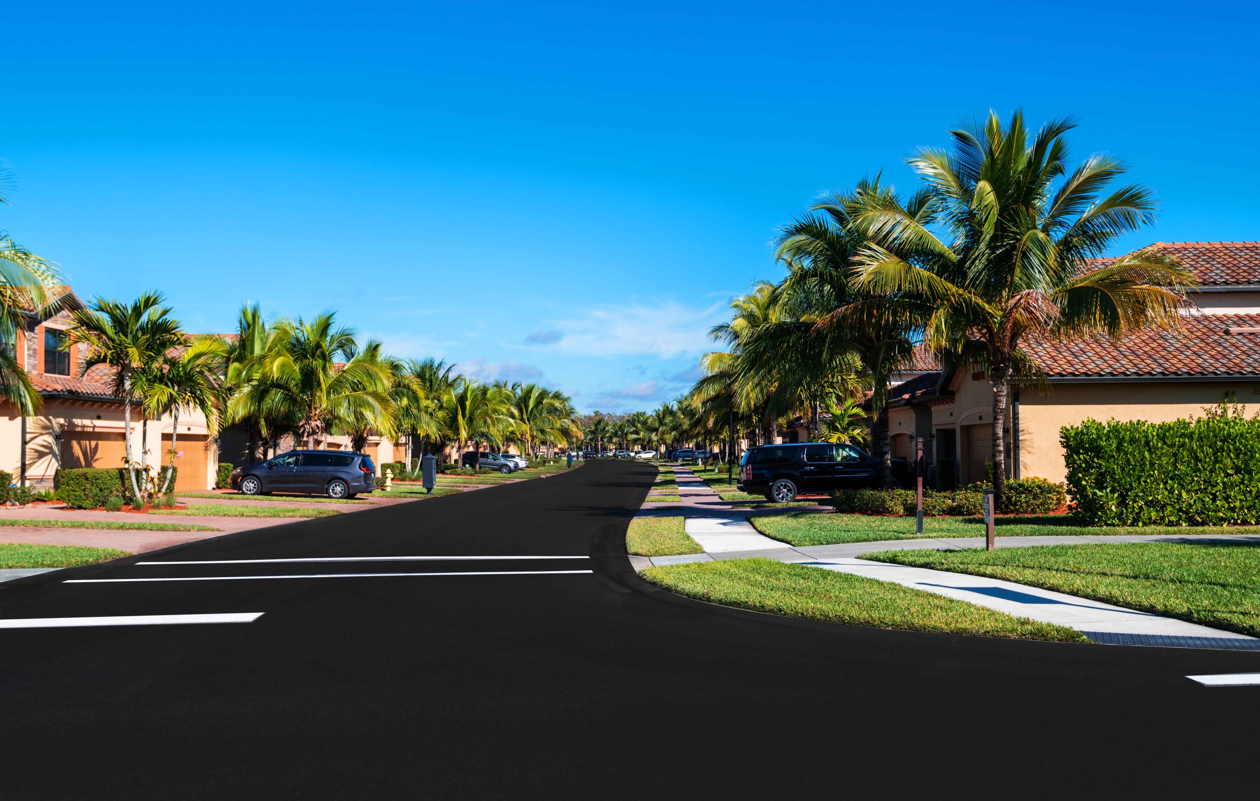 Southern Florida luxury community with freshly sealcoated roads.